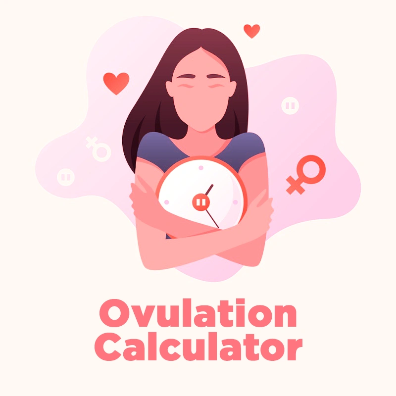 Ovulation Calculator interface showing a calendar with fertile days highlighted and period tracking features